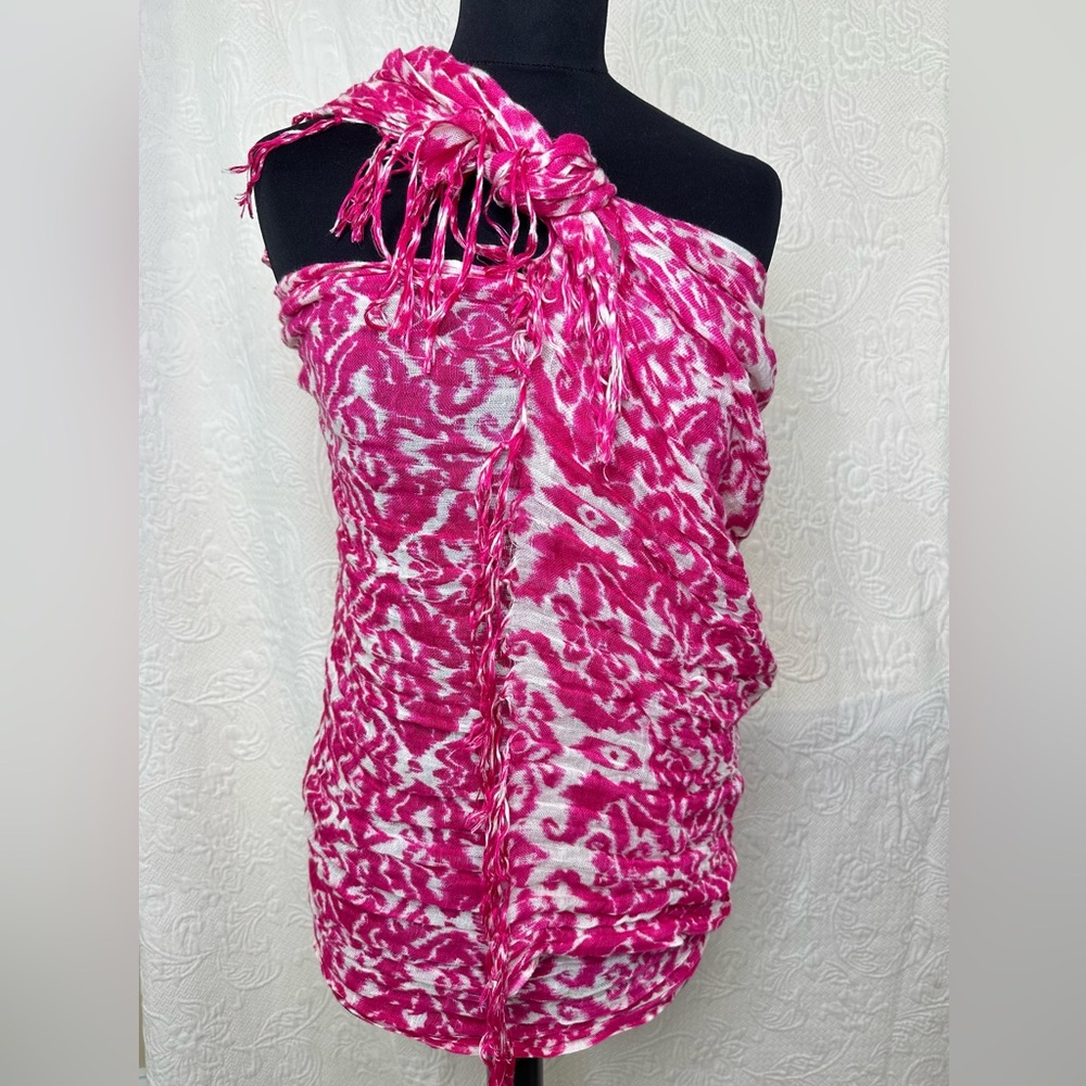 Cejon Hot Pink & White Ikat Viscose Linen Large Fringed Scarf